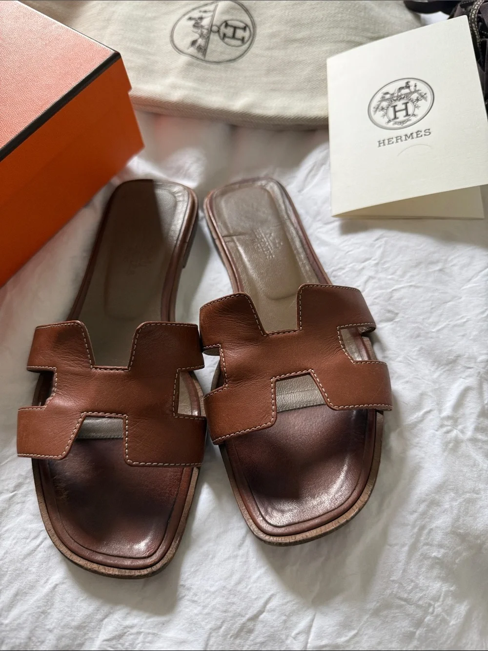 Hermes Women's Brown Leather Oran Slide Sandals - Picture 1 of 8